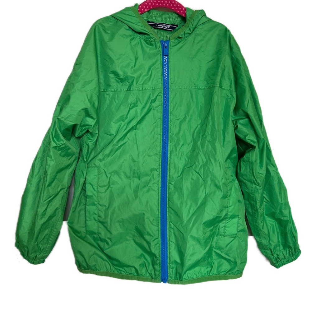 LANDS’ END kids Windbreaker with Hood; Green and blue; Size Small 8